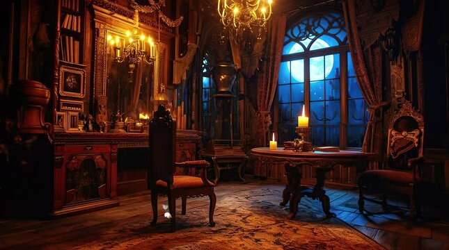 Elegant castle room with antique chair, ornate table, and grand chandelier, historical interior
 Seamless looping 4k time-lapse virtual video animation background. Generated AI