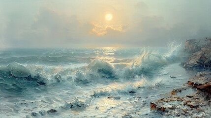 A misty morning on the rocky coast, where waves roll in rhythmically, breaking against the weathered stones. The tranquil yet dynamic scene captures the timeless dance between land and sea in its