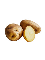 a large potato and a potato slice photographed in a greenhouse with a pure white background, ideal for fresh and clean food designs.