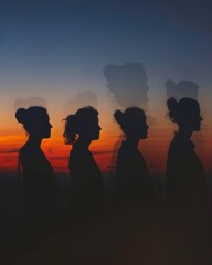 Fototapeta premium Silhouettes of people against a sunset transitioning to night, depicting tranquil evening scenes with colorful skies and peaceful outdoor ambiance