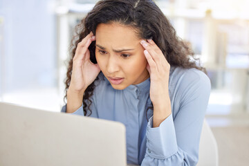 Business woman, headache and stress on laptop for copywriting deadline, report or editing mistake in office. Confused editor or online writer with pain, migraine or worried for wrong article or news