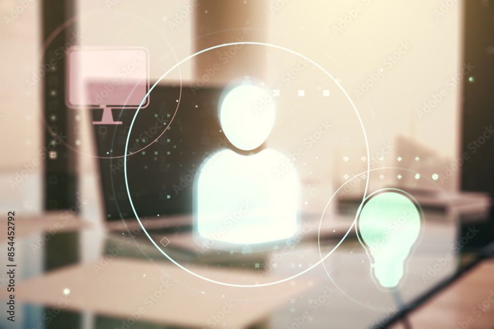Poster social network media concept with modern computer on background. double exposure