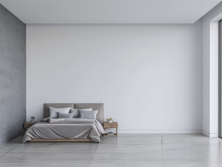 Fototapeta premium Minimalist master bedroom in light grey tones with minimal furniture, a bed next to a window and ample copy space. Bedroom interiors composition in neutral color.
