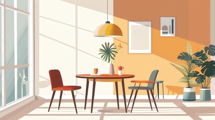 A modern dining room with a round table, two chairs, and plants, bathed in warm sunlight streaming through a large window.