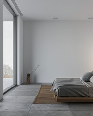 Minimalist master bedroom in light grey tones with minimal furniture, a bed next to a window and ample copy space. Bedroom interiors composition in neutral color.