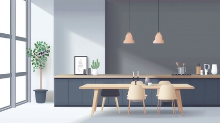 A contemporary kitchen design featuring a dining table set against a backdrop of gray cabinets and a large window.