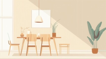 A minimalist dining room with a wooden table and chairs, a hanging lamp, a plant, and a window.