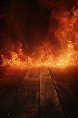 Intense Flames Engulfing a Wooden Surface Against a Dark, Ember-Filled Background