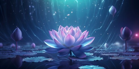 Delicate fluorescent magic lotus flower blooms on a summer night