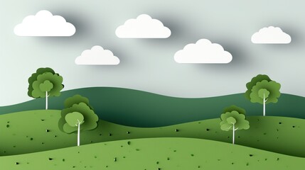 Obraz premium Serene Green Paper Landscape With Trees, Hills, and Clouds in a Creative Craft Design