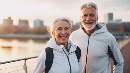 Obraz premium portraits of happy, cheerful, beautiful Caucasian pensioners husband and wife jogging against the backdrop of a city landscape. playing sports in old age