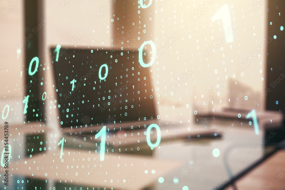 Aufkleber Creative abstract binary code sketch on modern laptop background, hacking and matrix concept. Multiexposure