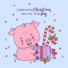 Cute Christmas pig with gift box with festive striped candy cane with holly. Vector illustration. Holiday card with funny cartoon winter animal character with cool slogan. Kids collection