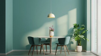 A modern dining room with a round table and four chairs, featuring a light green wall and a large window.