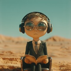 Illustration of boy sitting in the desert with a book.