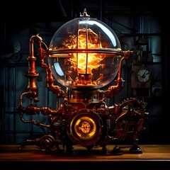 Fototapeta premium The warm lighting against the dark background adds drama and mystery, evoking a blend of old-world craftsmanship and futuristic energy generation.