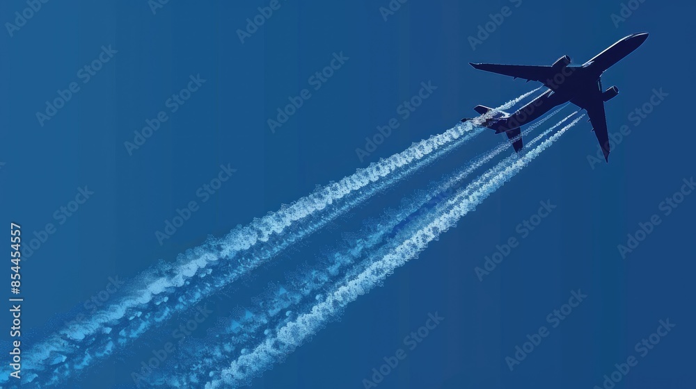 Poster Commercial airplane silhouette descending against blue sky