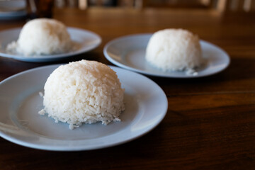 Thai cooked rice, organic food ready to serve in restaurants. Selective focus