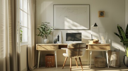 A home office with a minimalist design features a wooden desk, a chair, a potted plant, and a large window that lets in natural light.