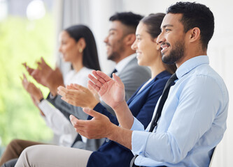 Business meeting, applause and people in office celebration for conference feedback, support or...