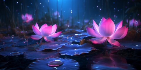 Magic pink lotus flowers bloom on a summer night and water drops try to rise up
