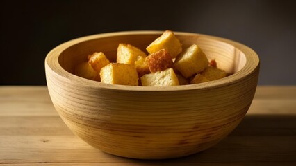  Deliciously baked bread cubes in a rustic bowl