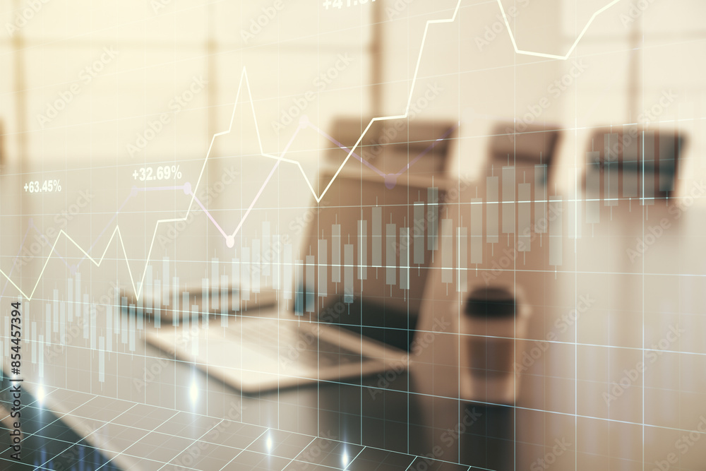 Poster multi exposure of abstract financial diagram on computer background, banking and accounting concept