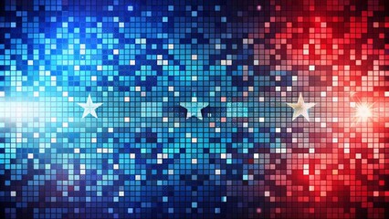 A digital abstract background with pixelated patterns in patriotic colors, and clear space for copy.