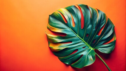 With its bold solid color backdrop, this retro tropical leaf photo exudes tropical elegance and vintage appeal, perfect for themed designs.