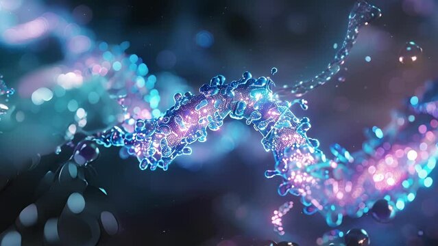 Two strands of premRNA being joined together by splicing machinery with glowing enzymes at work.