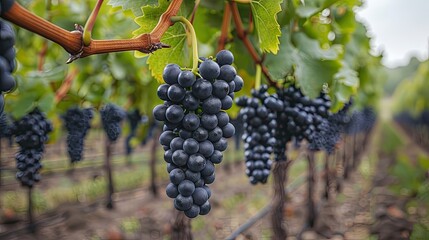 Purple grapes hanging from grapevines in vineyard  
