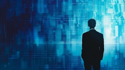 A businessman stands in front of a glowing digital background, looking towards a bright future.  The image represents technological advancement and innovation.