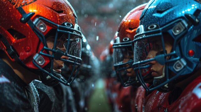 Two teams of men in football helmets stand face to face. Rivalry concept