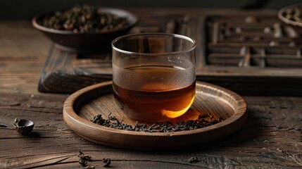 Cup or tea glass and dried tea leaves on a wooden plate, placed on a wooden table, on a dark background