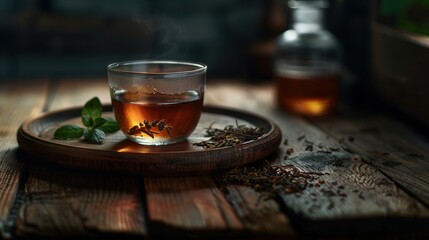 Cup or tea glass and dried tea leaves on a wooden plate, placed on a wooden table, on a dark background