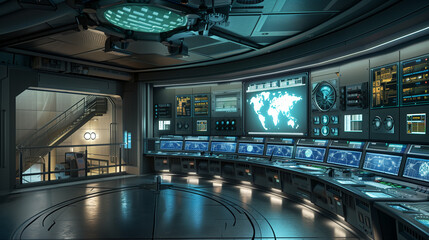 High-Tech Command Center with Digital World Map and Control Panels