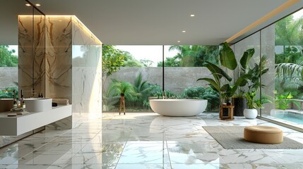 Fototapeta premium Modern style bathroom with white marble tiles, glass walls, and minimalistic furniture.