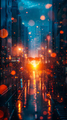 Fototapeta premium Futuristic Cyberpunk Smart Cityscape at Night with Neon Lights and Digital Glitches - Metaverse Innovation and Technology Concept