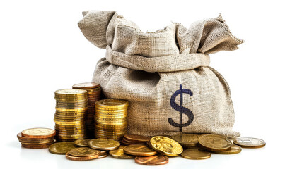 Money Bag with Stacked Euro Coins Isolated on White Background Symbolizing Wealth and Savings Concept, Financial Security, and Investment Potential