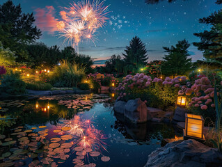 Fireworks over lush garden, vibrant bursts above flowers, pond reflections, lantern-lit paths.