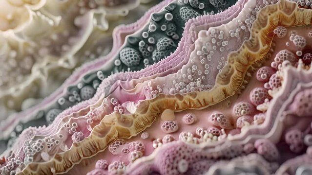 A closeup of pseudostratified ciliated columnar epithelium displaying multiple layers of cells with cilia at the surface.