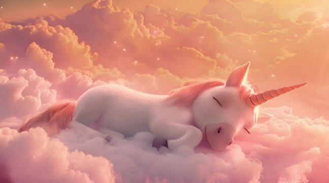 A peaceful unicorn rests on fluffy clouds under a golden sunset, bathed in warm pastel colors, evoking a magical, serene dreamscape.