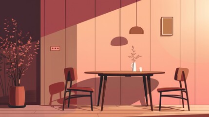 A simple dining room with a wooden table and chairs, illuminated by warm sunlight, creating a cozy and inviting atmosphere.