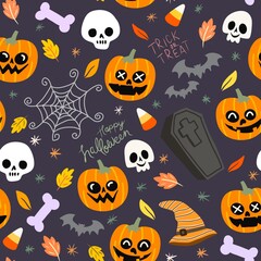 Halloween seamless pattern - creepy pumpkin lanterns with scary faces, traditional holiday halloween symbols ,seamless texture