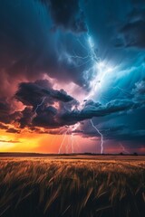 A dramatic scene of a lightning storm illuminating a dark sky over an open field, creating a powerful and awe-inspiring natural spectacle