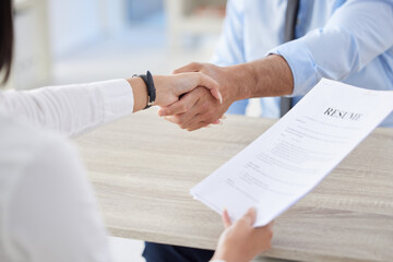 Job interview, resume and business people with handshake in office with hiring, success and...