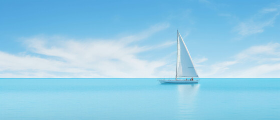 Fototapeta premium Peaceful Sailboat Anchored in Clear Turquoise Waters Under a Bright Blue Sky with White Fluffy Clouds