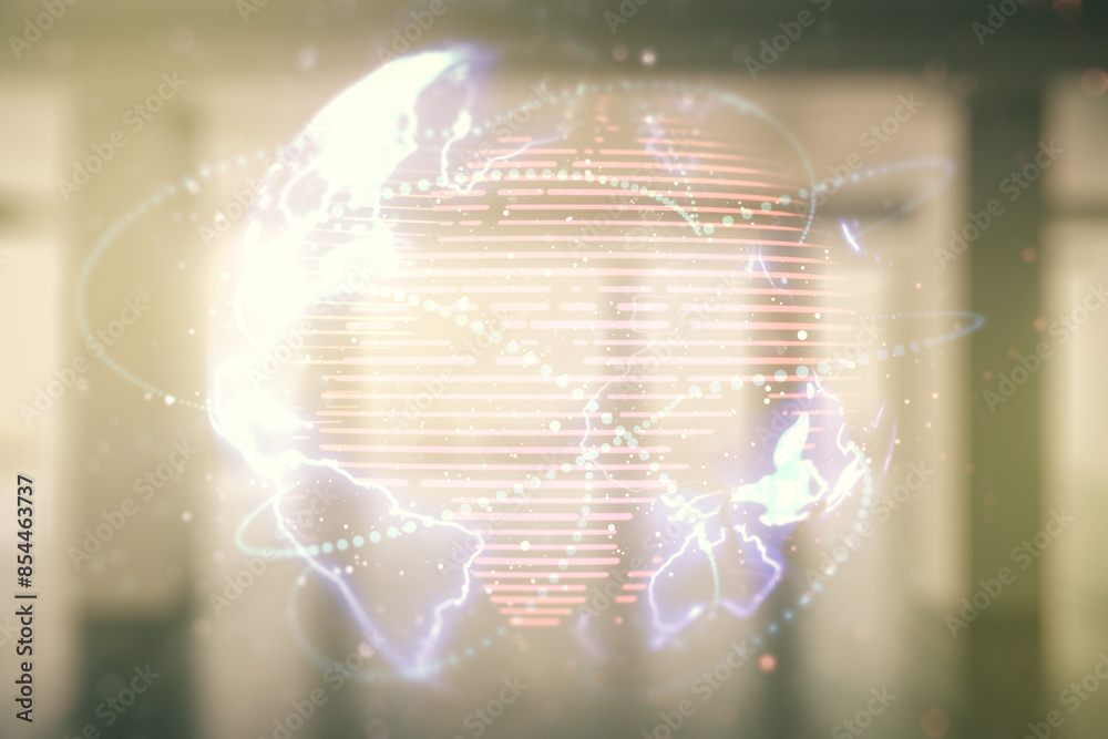 Fototapete double exposure of abstract digital world map hologram with connections on empty room interior backg