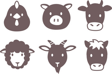 シンプルでかわいい家畜、食肉動物の顔アイコンイラスト