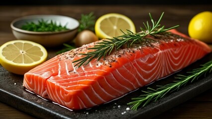  Freshly prepared salmon with lemon and herbs ready to serve